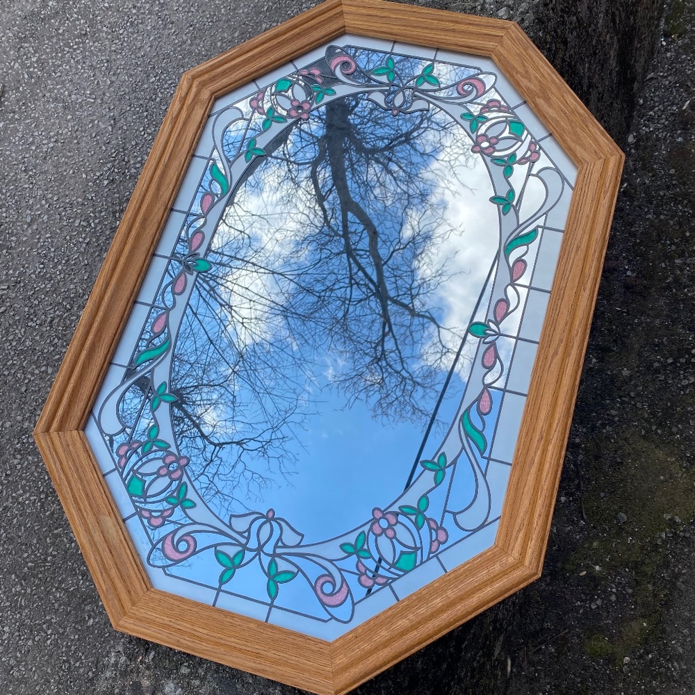 NEW Vintage Marsel Octagon Tiffany Stained Glass Floral Etched Mirror Oak Frame
